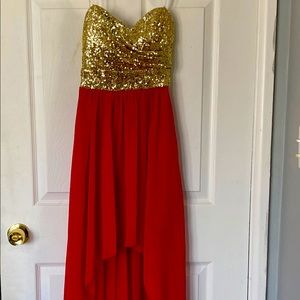 Red and Gold high-low event dress.